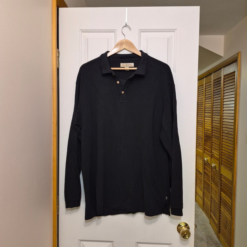 Tommy Bahama Mens XL Black Silk Cotton Ribbed Long Sleeve Polo Shirt Luxury
